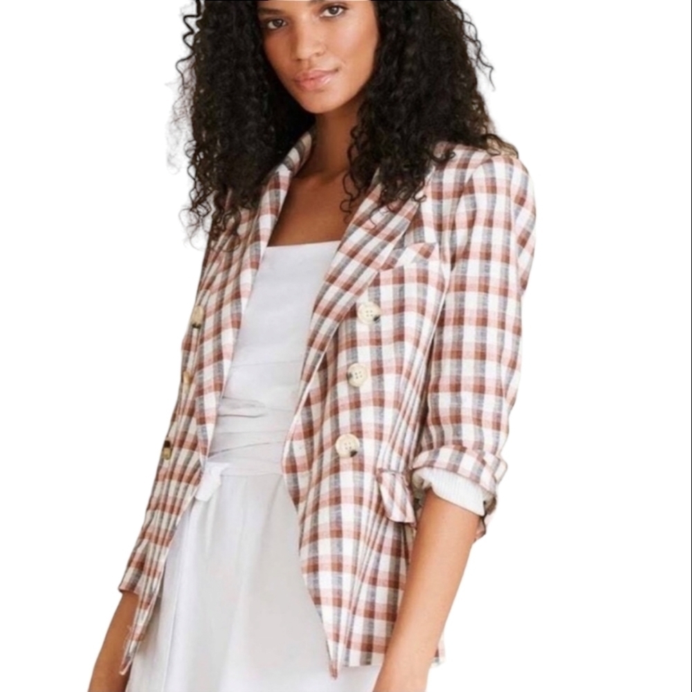 Joie Womens Neutral Fall Colors Plaid Double Breasted Blazer Size XS